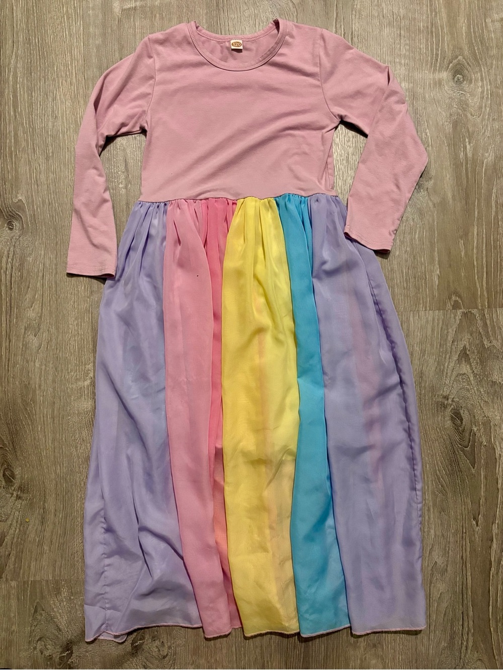 Girls Pink Rainbow Panel Long Sleeve Dress